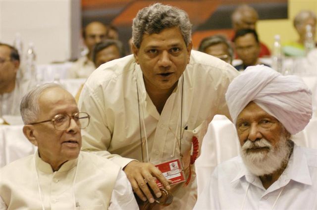 Jyoti Basu with Seetaram Yechuri and Harikishan Singh Surjeet